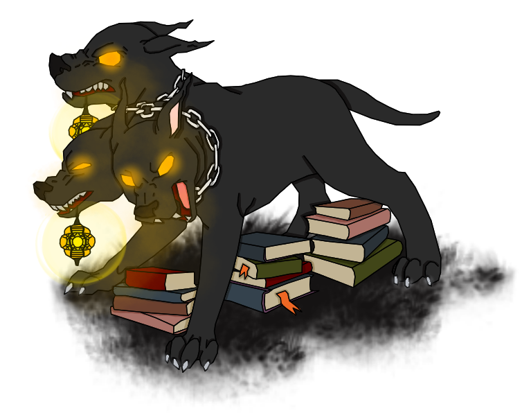 Cerberus mascot guarding books